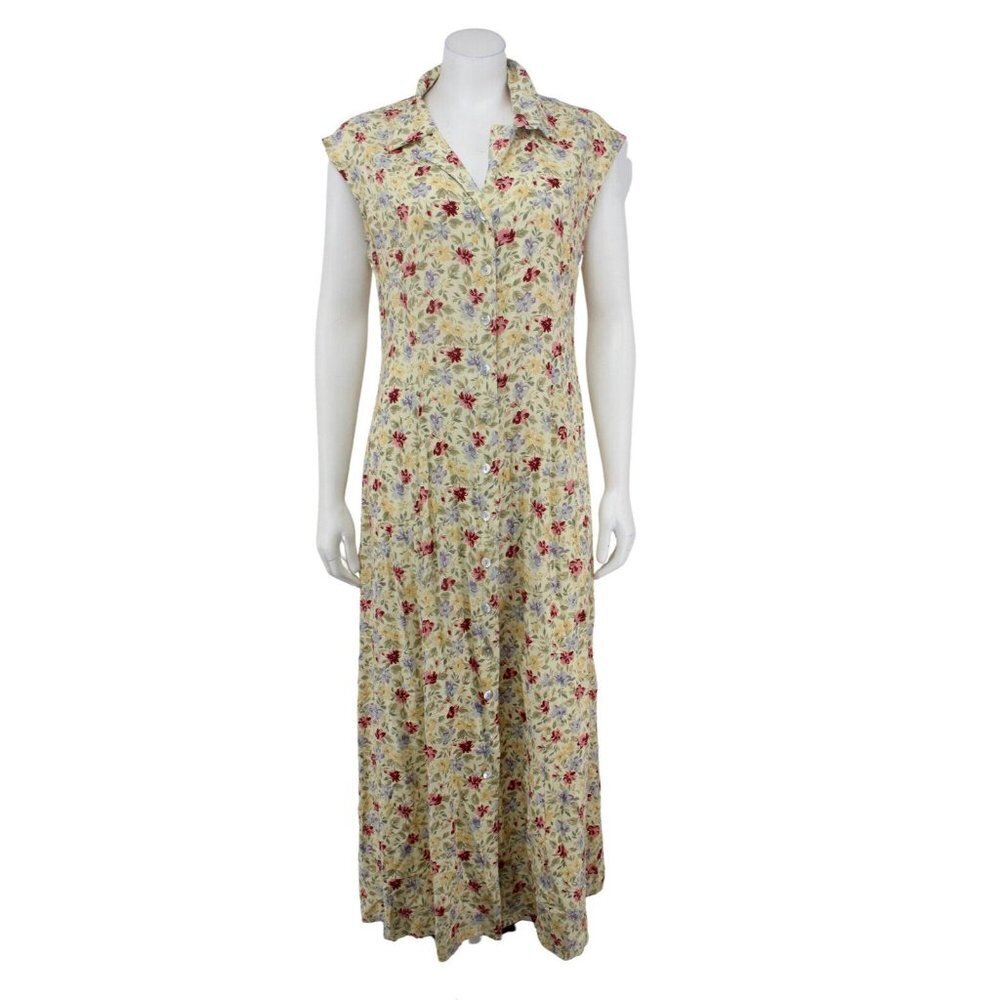 Vintage 90s Dress Barn Yellow Floral Rayon Criss-Cross Back Maxi Dress Size 12